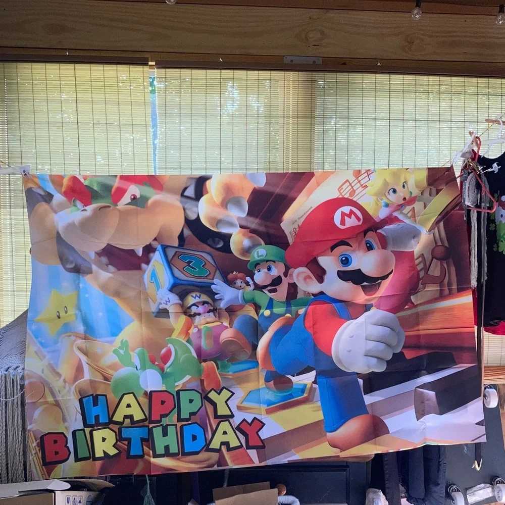 Super Mario Brothers Happy Birthday Banner with Hanging Adhesive 5 x 3 Feet